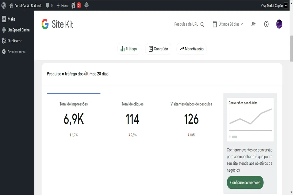 Painel do Site Kit by Google mostrando as principais métricas de tráfego no WordPress.