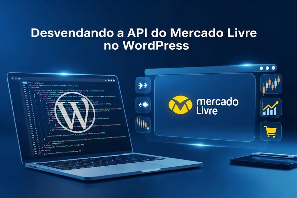 Ilustração digital 3D mostrando um notebook com códigos de programação e o logo do WordPress, conectado a uma interface flutuante com o logotipo do Mercado Livre e gráficos de crescimento de vendas em um fundo azul tecnológico.