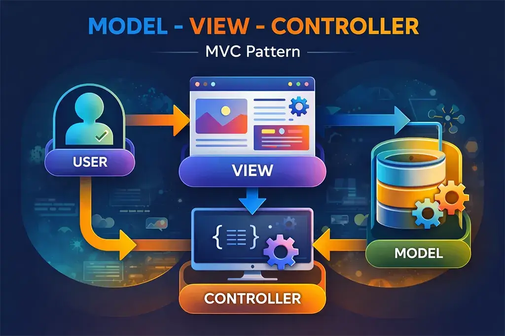 Diagrama ilustrativo do padrão MVC mostrando a interação entre usuário, View, Controller e Model na arquitetura de desenvolvimento web.