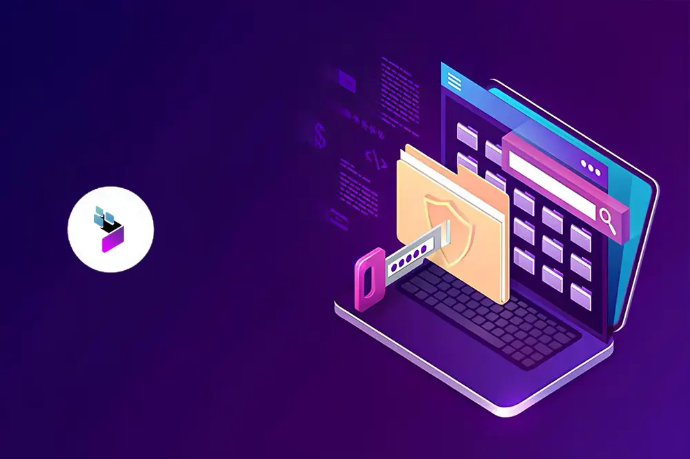 Ilustração 3D de um notebook com pastas de arquivos, chaves de segurança e ícone de busca, simbolizando as regras de uso da plataforma LCM Sistemas.