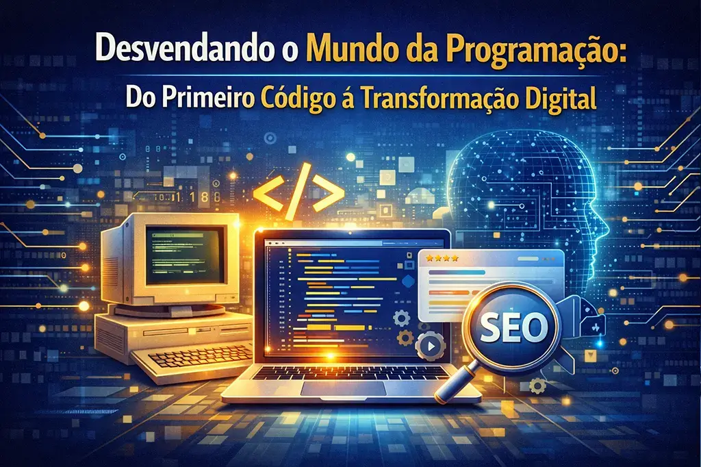 Ilustração representando a evolução da programação do primeiro código até a transformação digital com desenvolvimento de sistemas e soluções web.