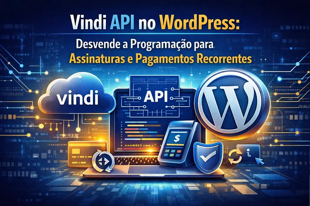 Ilustração representando integração da API da Vindi com WordPress para gerenciamento de assinaturas e pagamentos recorrentes online.