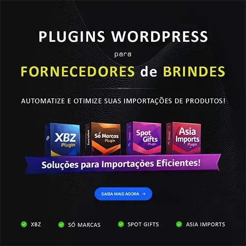 Banner promocional de plugins WordPress da LCM Sistemas para fornecedores de brindes, destacando integrações com XBZ, Só Marcas, Spot Gifts e Asia Imports para automatizar a importação de produtos.