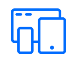 Ícone linear azul representando diferentes telas de dispositivos como monitor, tablet e smartphone, simbolizando o desenvolvimento de sistemas multiplataforma da LCM Sistemas.